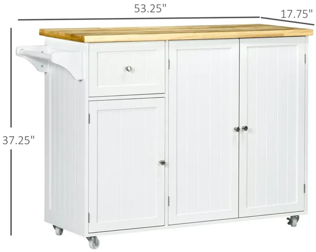 White Kitchen Assistant: Rolling Cart Island with Rubber Wood Top