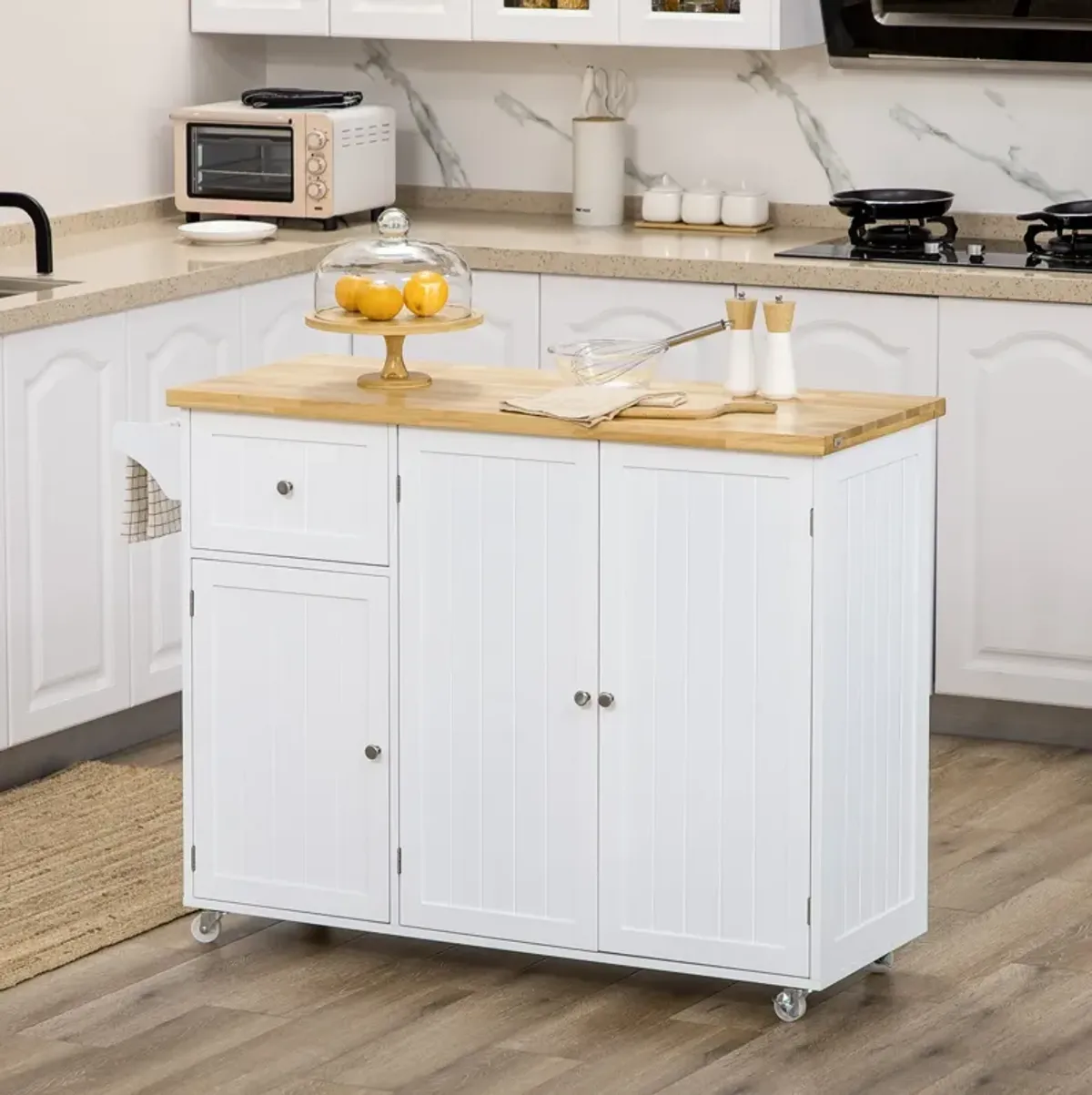 White Kitchen Assistant: Rolling Cart Island with Rubber Wood Top