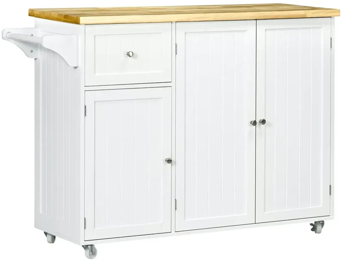 White Kitchen Assistant: Rolling Cart Island with Rubber Wood Top