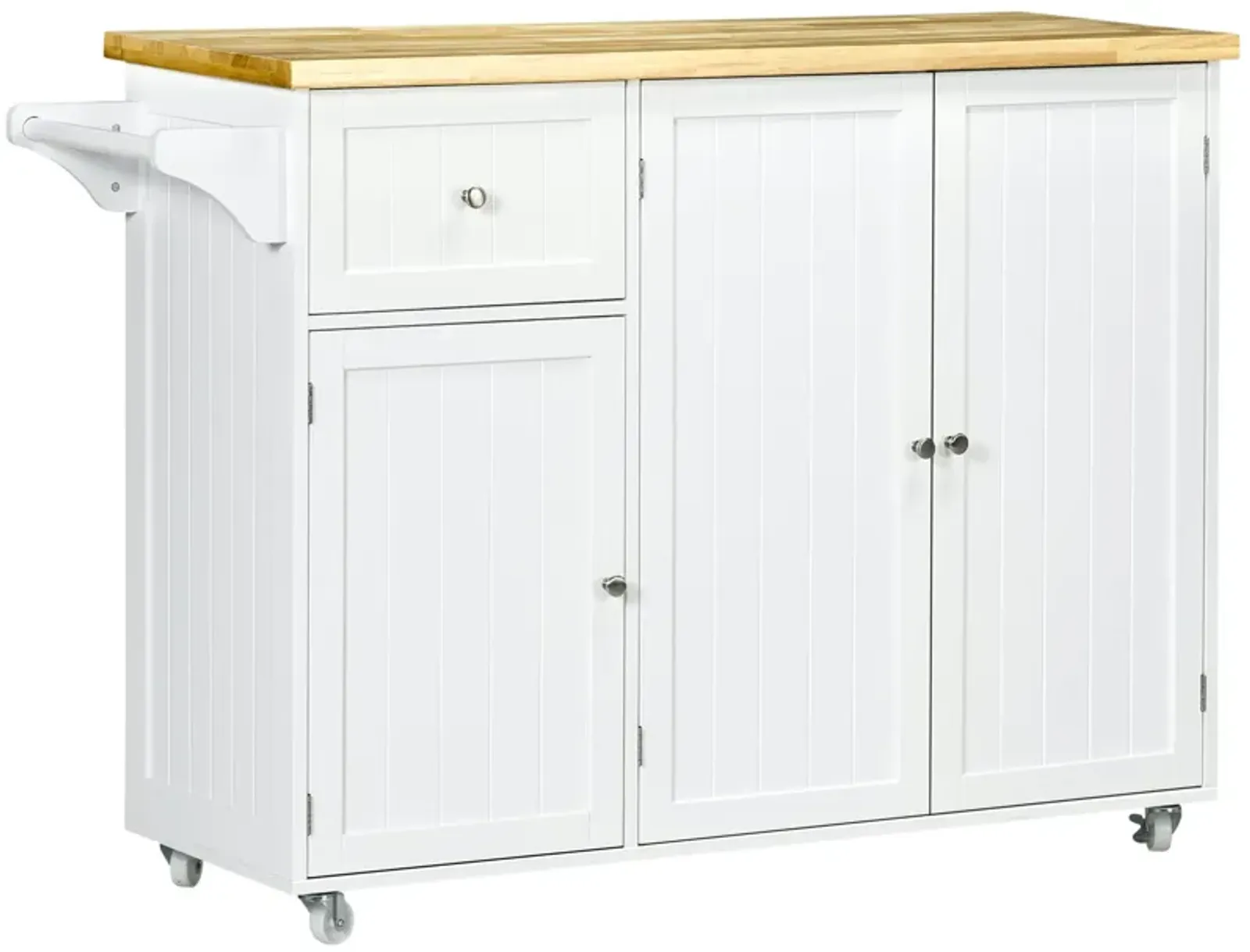 White Kitchen Assistant: Rolling Cart Island with Rubber Wood Top