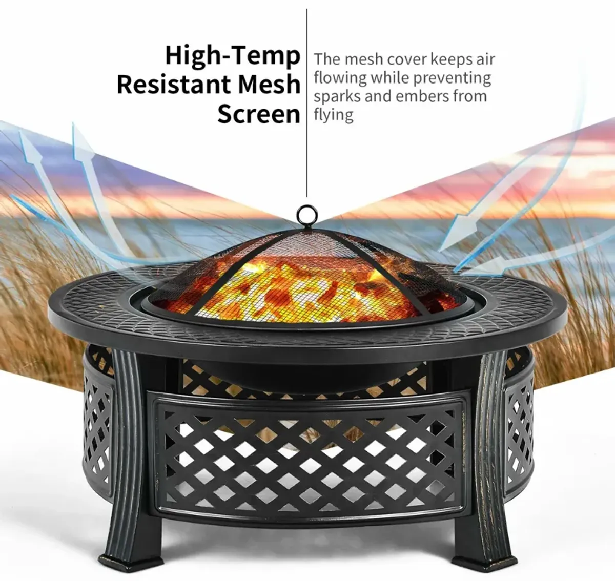 Outdoor Fire Pit with BBQ Grill and High-temp Resistance Finish