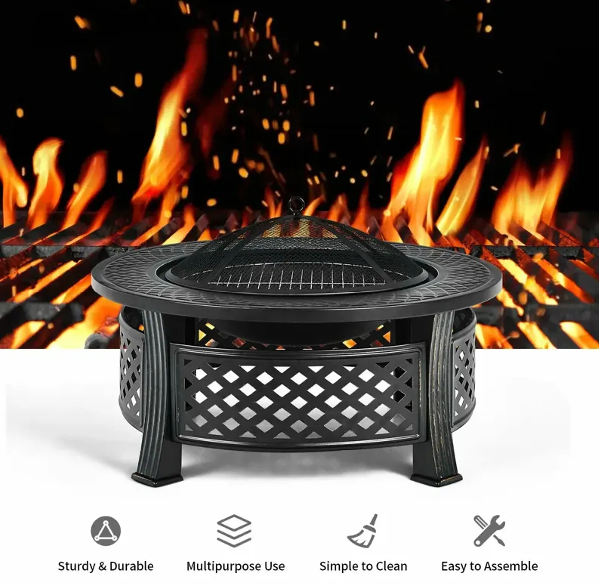 Outdoor Fire Pit with BBQ Grill and High-temp Resistance Finish