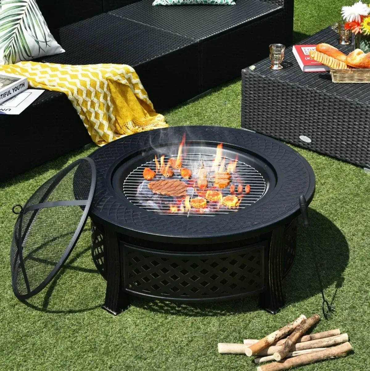 Outdoor Fire Pit with BBQ Grill and High-temp Resistance Finish