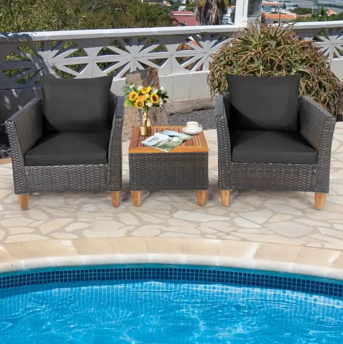 Hivvago 3 Pieces Patio Rattan Bistro Furniture Set with Wooden Table Top