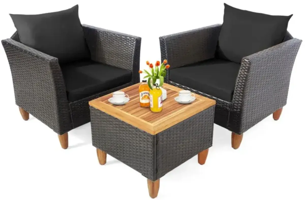 Hivvago 3 Pieces Patio Rattan Bistro Furniture Set with Wooden Table Top