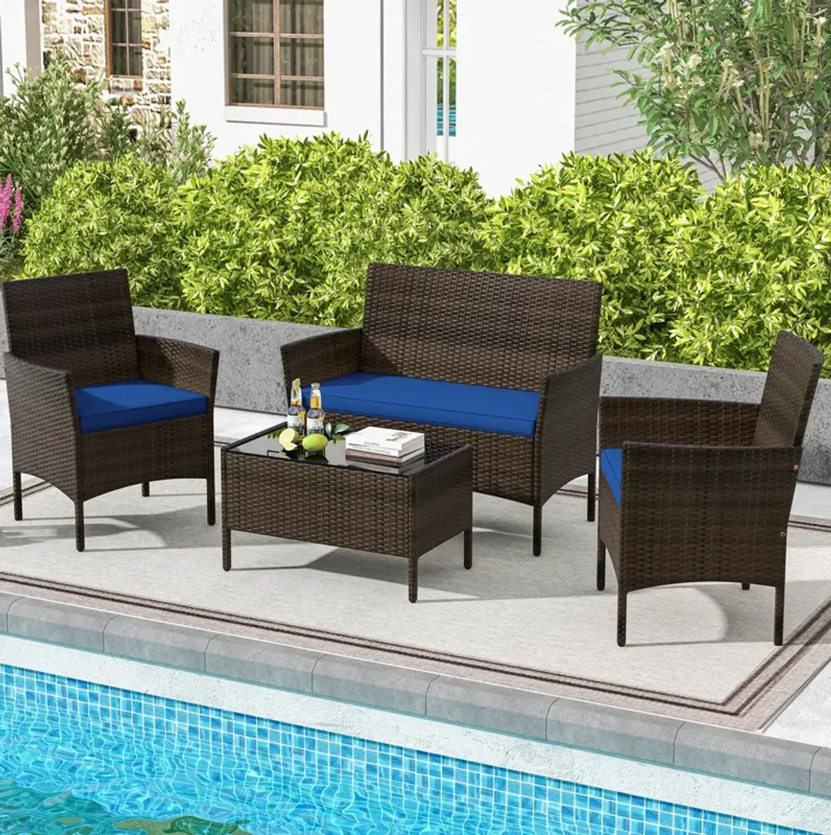 4 Piece Patio Rattan Conversation Set with Cozy Seat Cushions