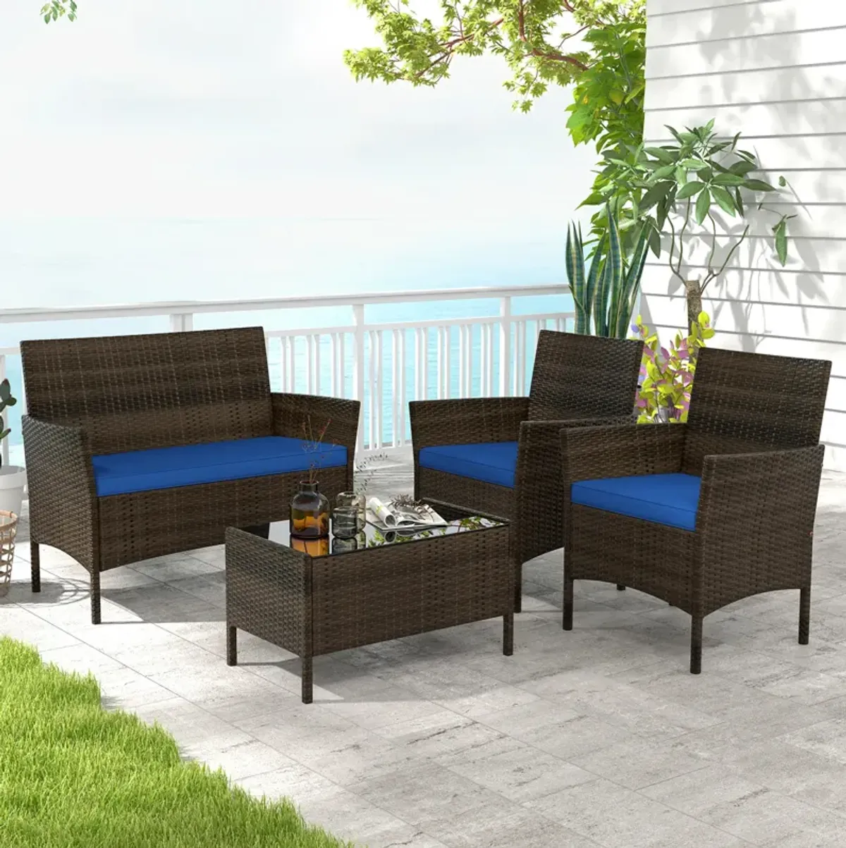 4 Piece Patio Rattan Conversation Set with Cozy Seat Cushions