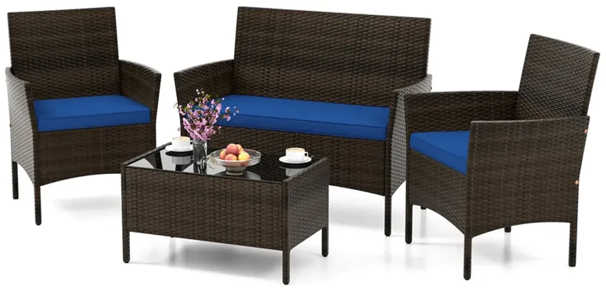 4 Piece Patio Rattan Conversation Set with Cozy Seat Cushions