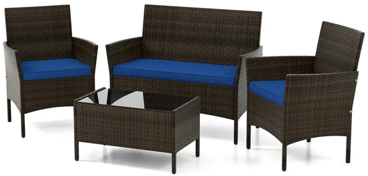 4 Piece Patio Rattan Conversation Set with Cozy Seat Cushions