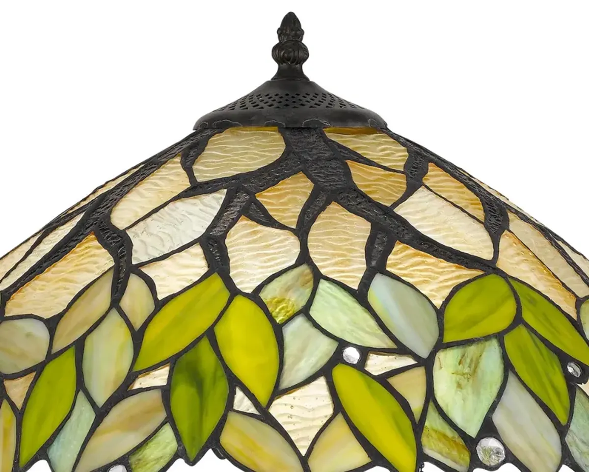 2 Bulb Tiffany Table Lamp with Leaf Design Glass Shade, Multicolor-Benzara