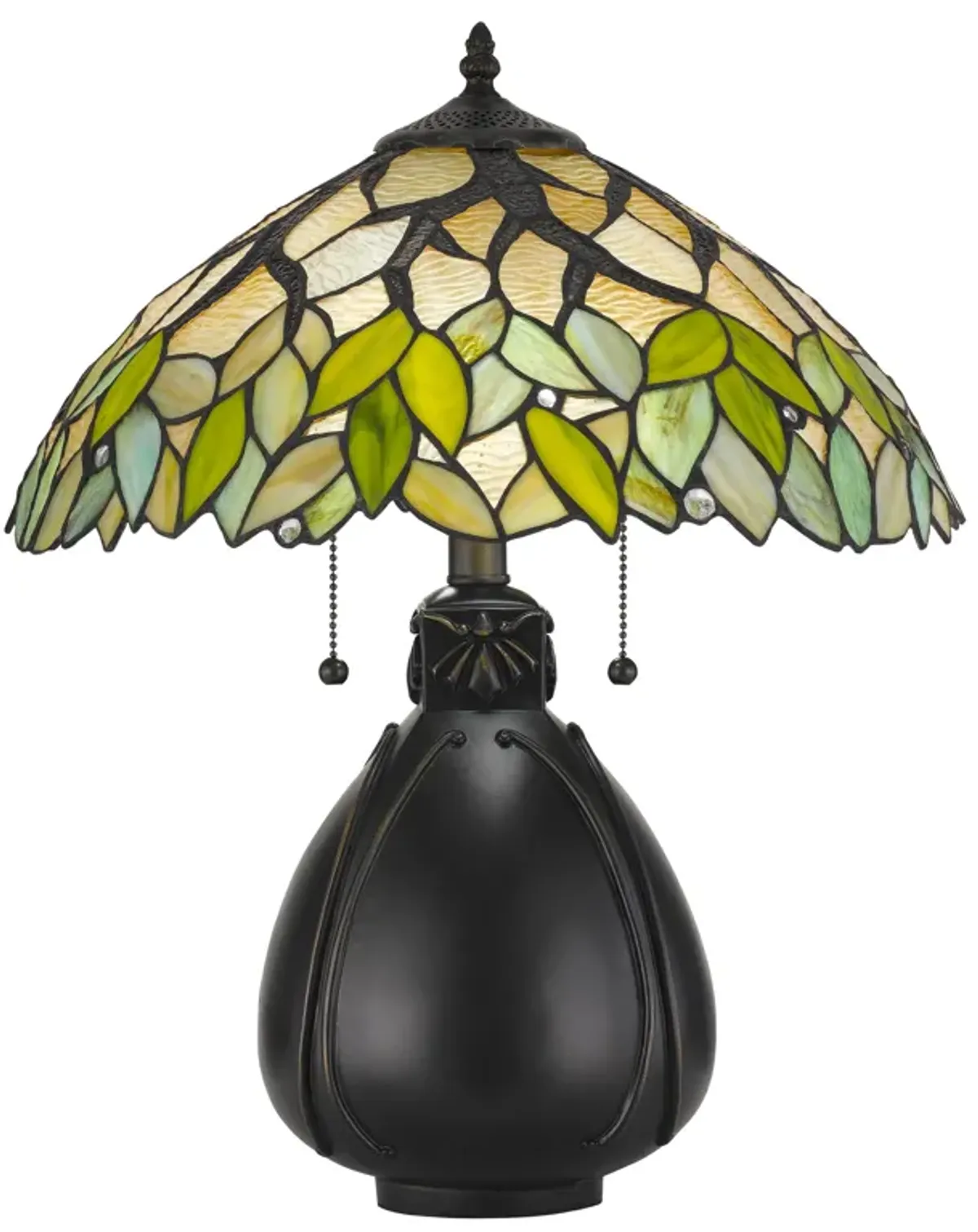 2 Bulb Tiffany Table Lamp with Leaf Design Glass Shade, Multicolor-Benzara