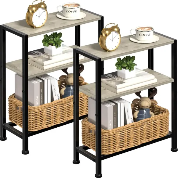 Narrow Side Table Set of 2 for Small Space, 2-Tier Small End Table with Shelf Holder, Slim Nightstand, Skinny Snack Couch Table