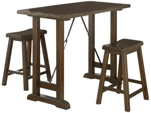 Neil 3 Piece Counter Height Set, 1 Table, 2 Stools, Cherry Brown Solid Wood - Benzara
