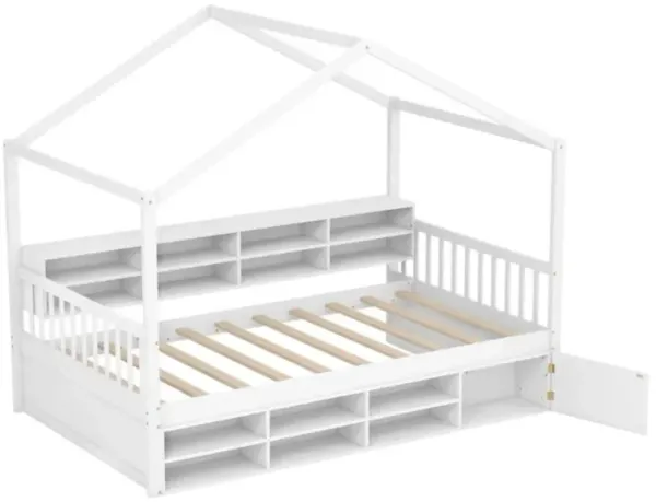 Hivvago Twin Size House Bed with Roof with 14 Storage Cubes and Enclosed Cabinet