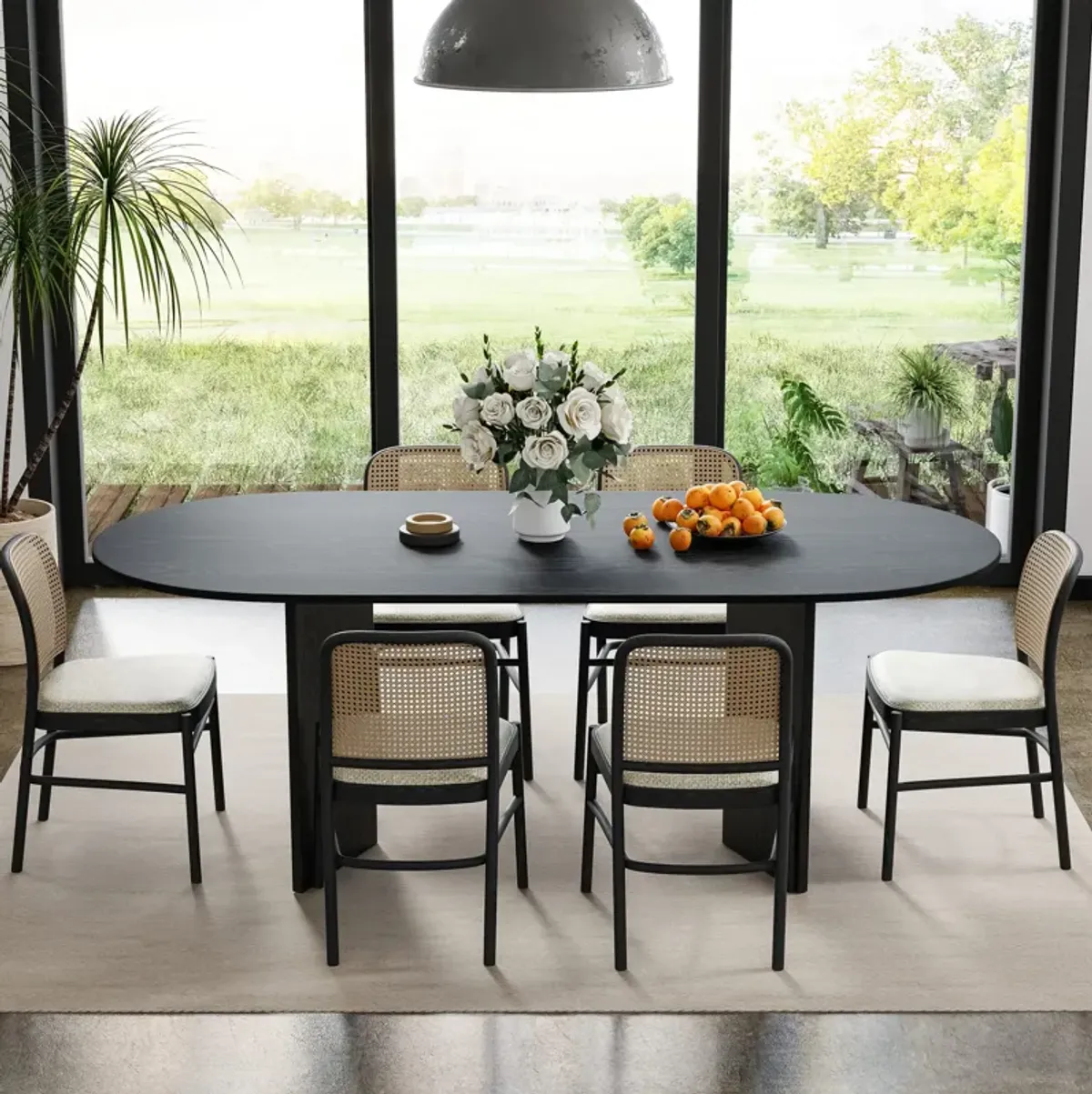 Brix 67V-Shaped Leg Oval Wooden Dining Table in BLACK Color(Seats 6)