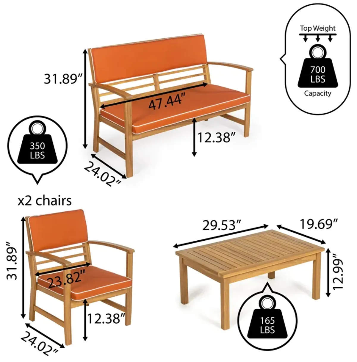 Barclay 4-Piece Modern Coastal Acacia Wood Conversation Outdoor Patio Set with Cushions