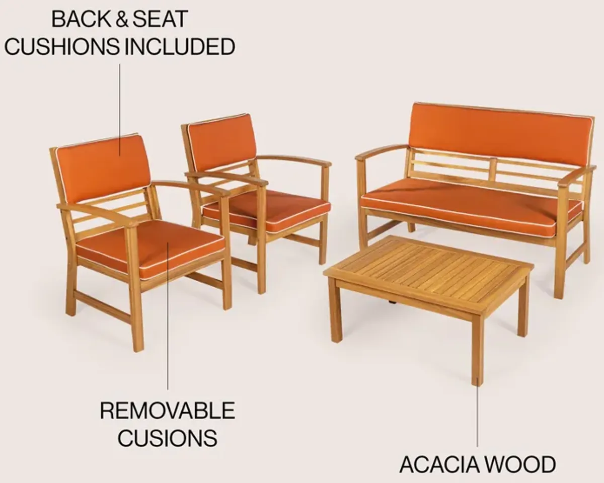 Barclay 4-Piece Modern Coastal Acacia Wood Conversation Outdoor Patio Set with Cushions