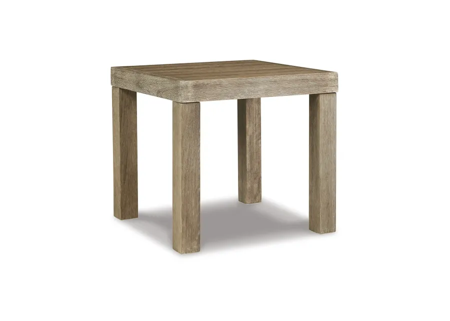 Fayi 22 Inch Outdoor End Table, Square Slatted Design, Natural Brown Finish - Benzara