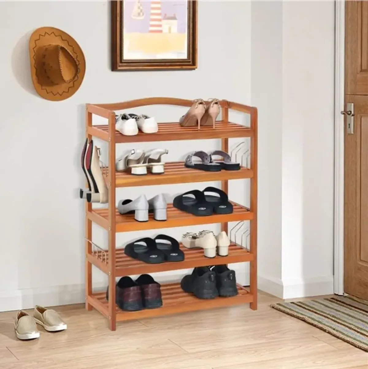 3-Tier Acacia Wood Shoe Rack with Side Metal Hooks for Easy Storage