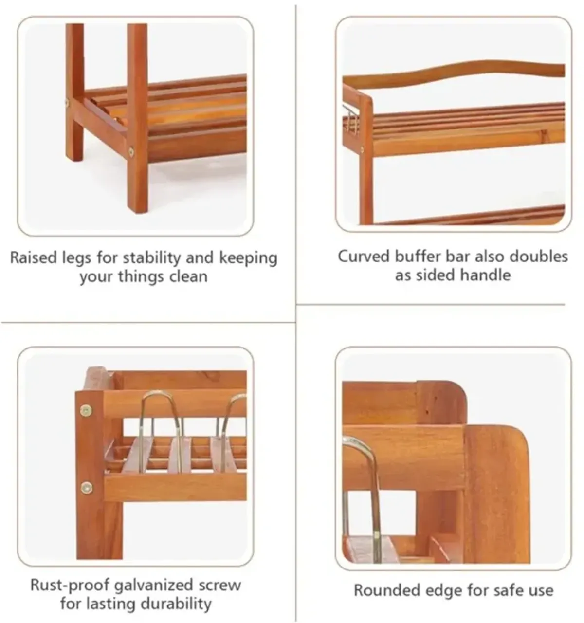 3-Tier Acacia Wood Shoe Rack with Side Metal Hooks for Easy Storage