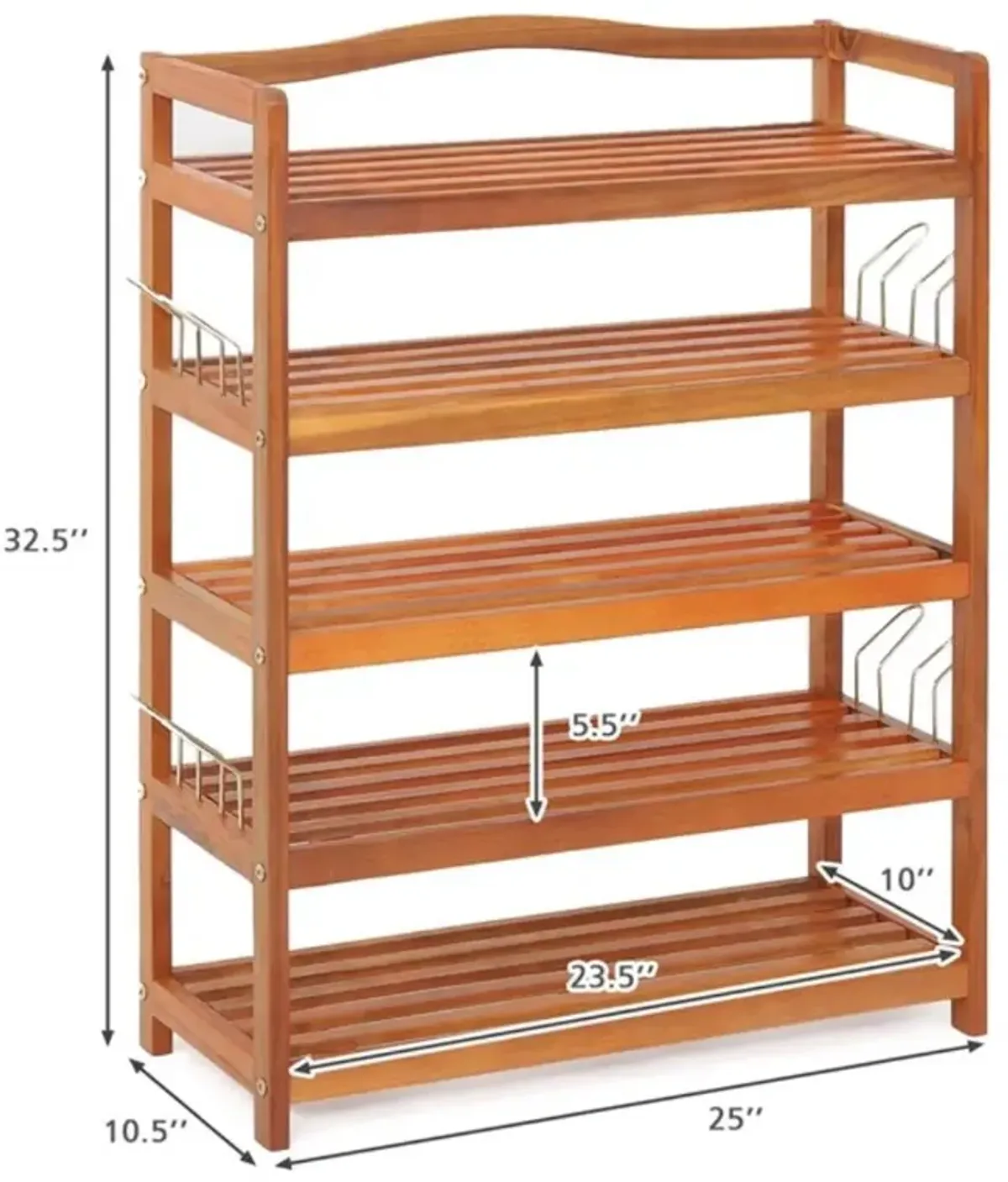 3-Tier Acacia Wood Shoe Rack with Side Metal Hooks for Easy Storage