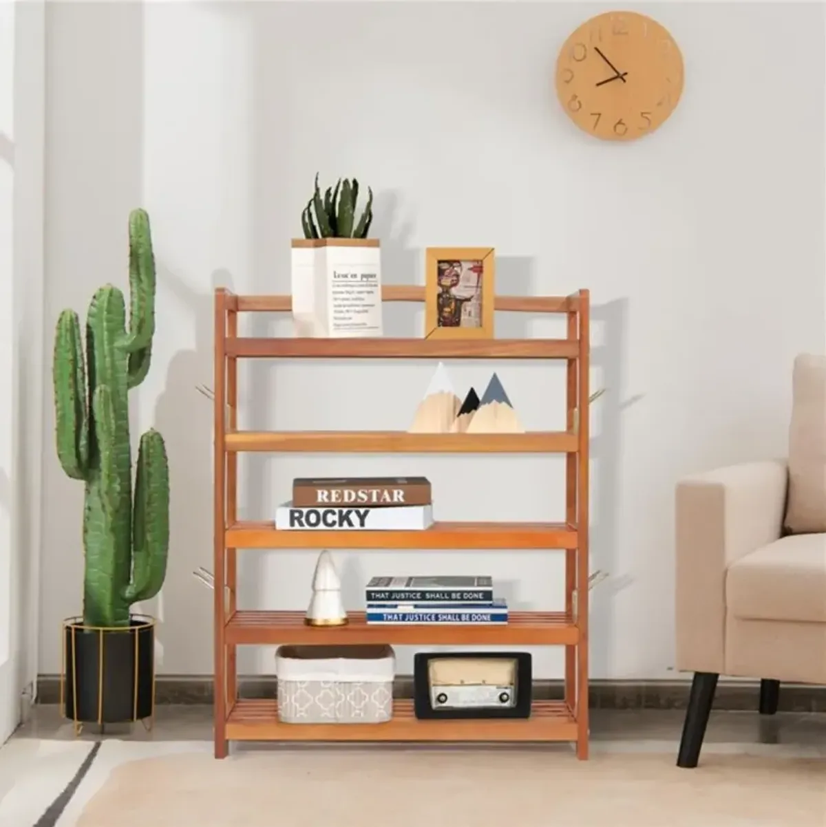 3-Tier Acacia Wood Shoe Rack with Side Metal Hooks for Easy Storage