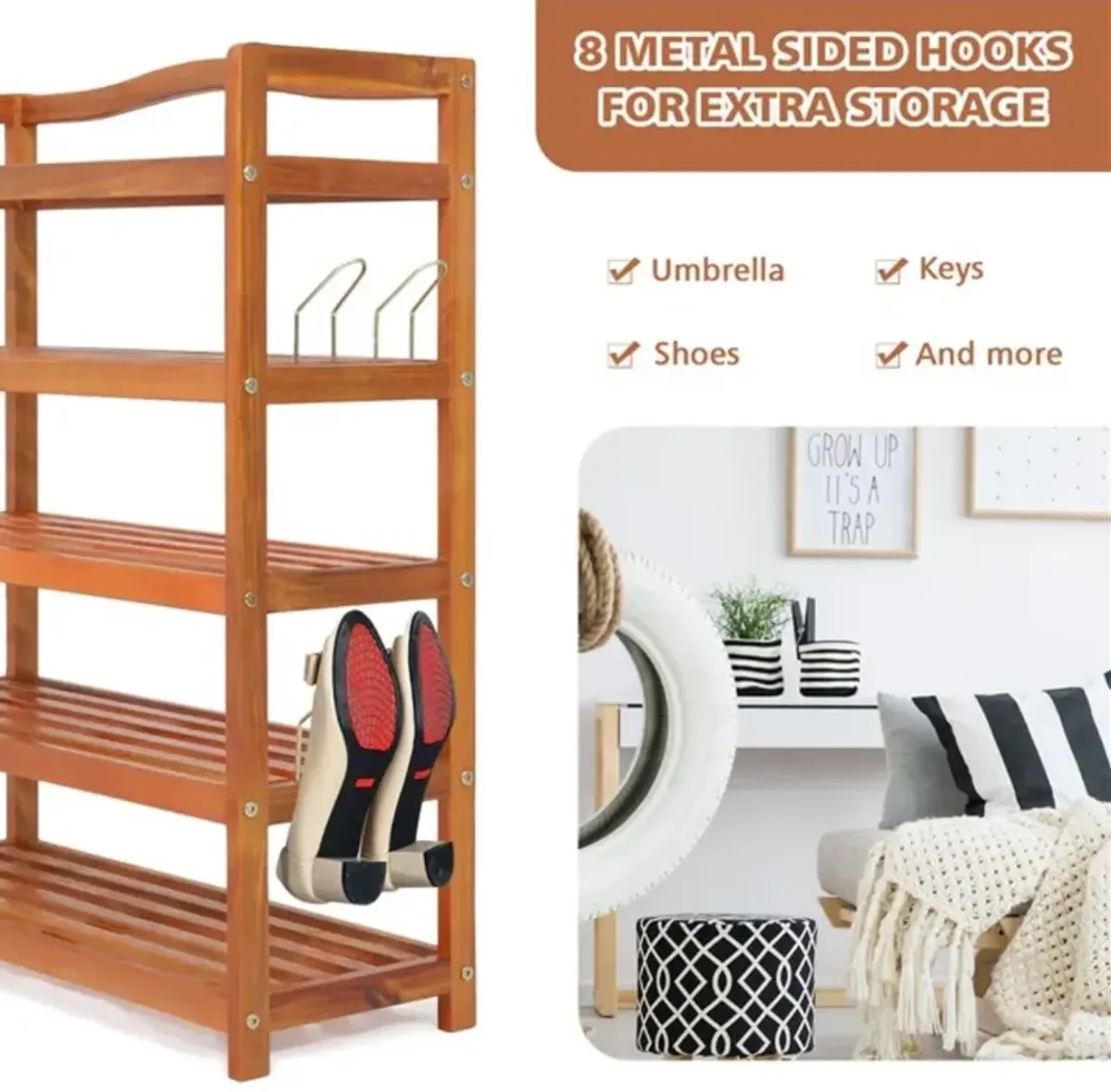 3-Tier Acacia Wood Shoe Rack with Side Metal Hooks for Easy Storage