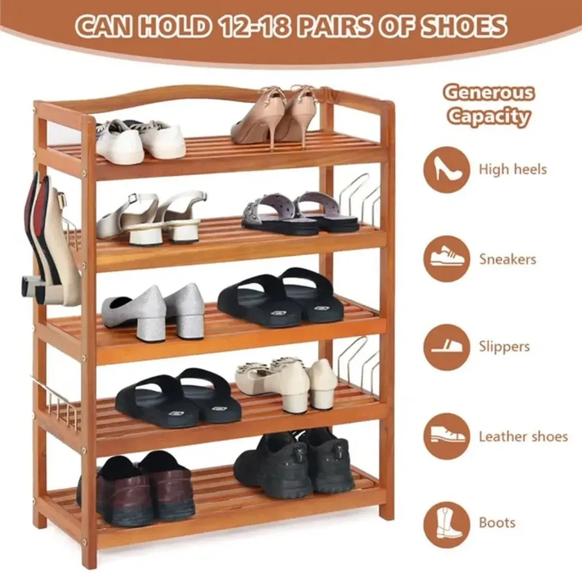 3-Tier Acacia Wood Shoe Rack with Side Metal Hooks for Easy Storage