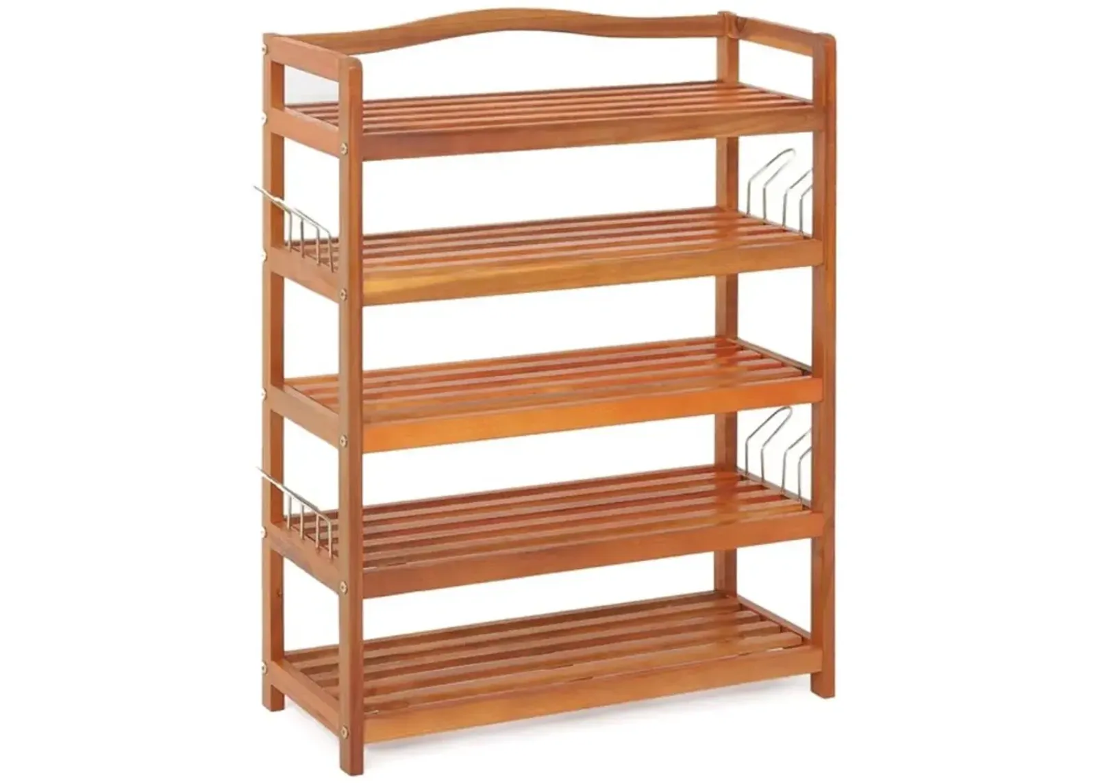 3-Tier Acacia Wood Shoe Rack with Side Metal Hooks for Easy Storage