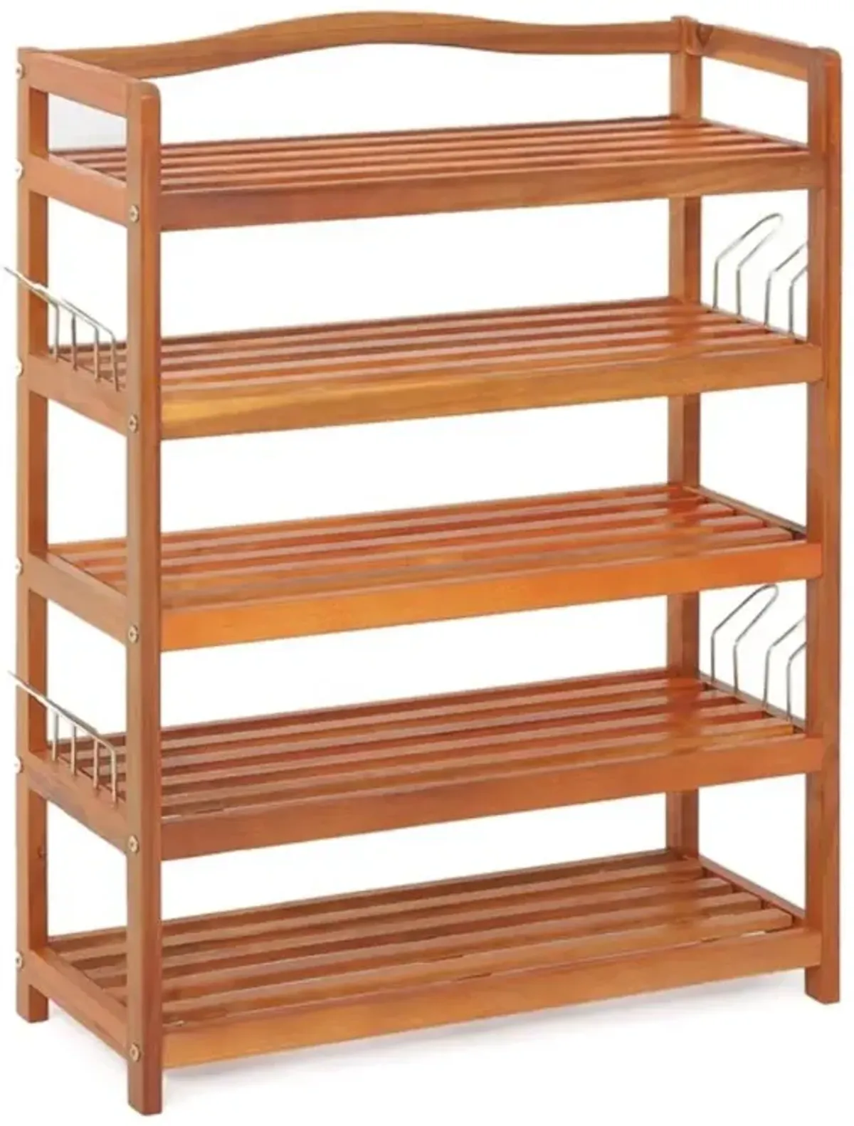 3-Tier Acacia Wood Shoe Rack with Side Metal Hooks for Easy Storage