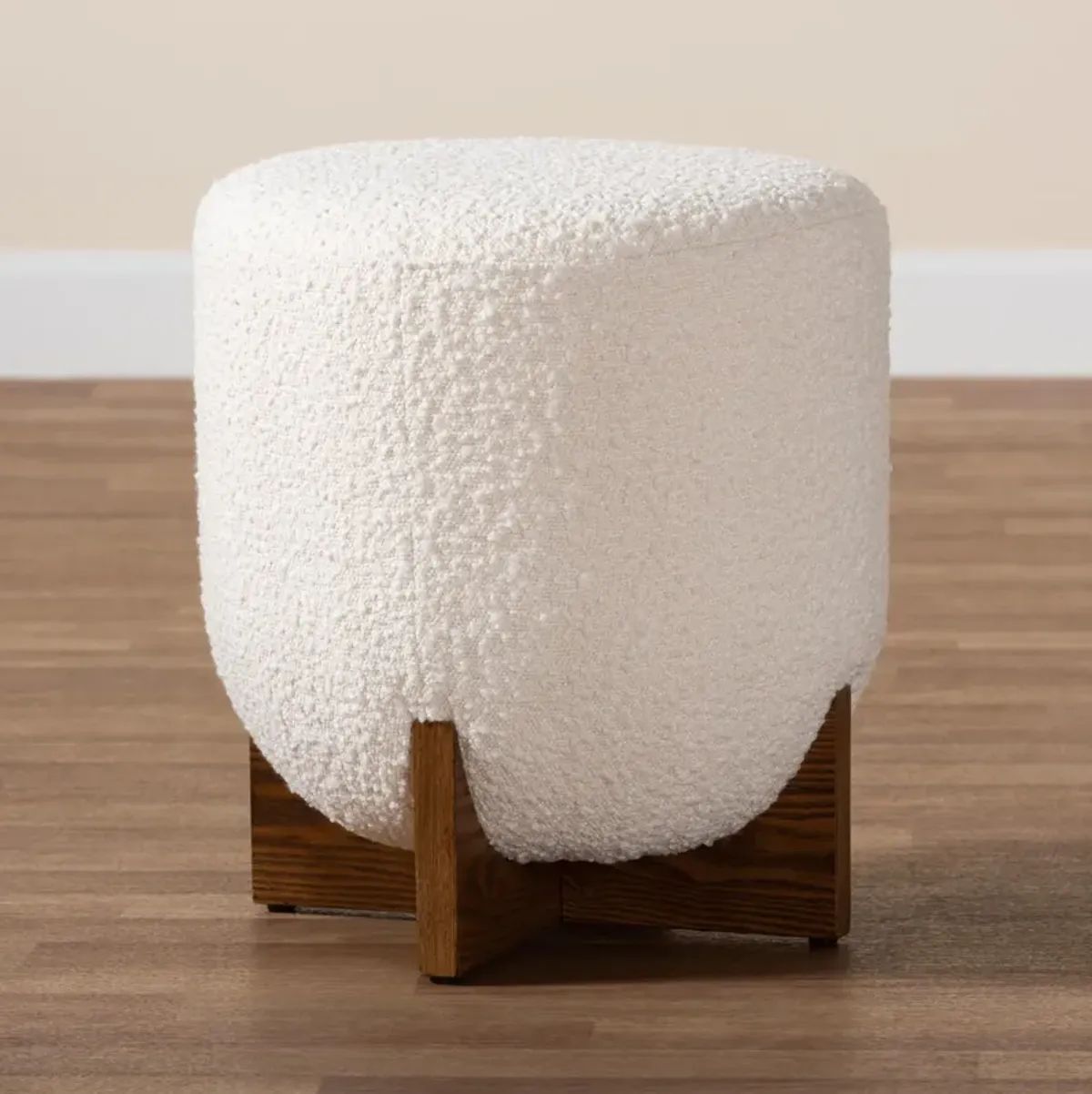 Baxton Studio Fisk Cream Boucle Fabric Wood Ottoman Footstool