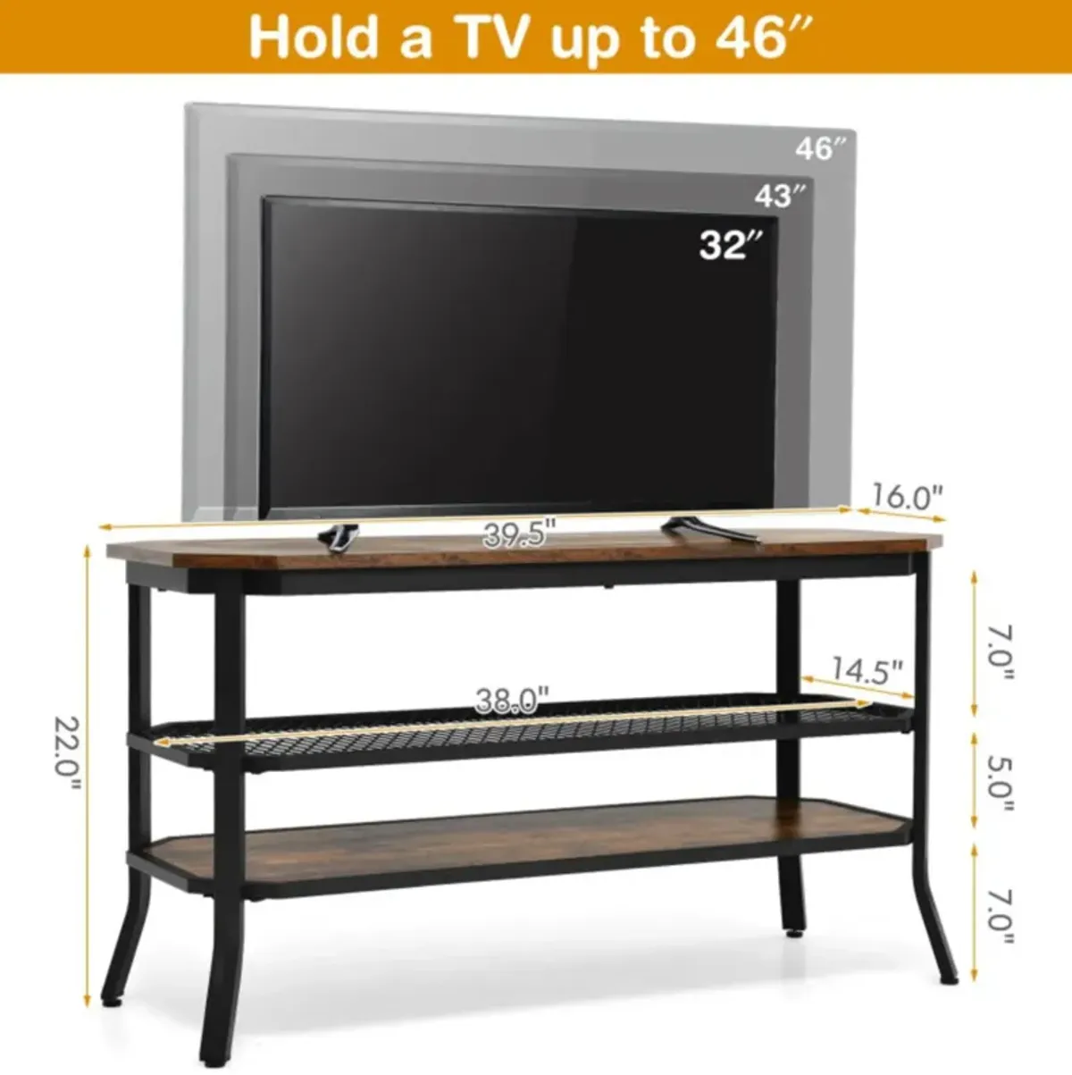 Hivvago 3-tier Console Table TV Stand with Mesh Storage Shelf-Rustic Brown