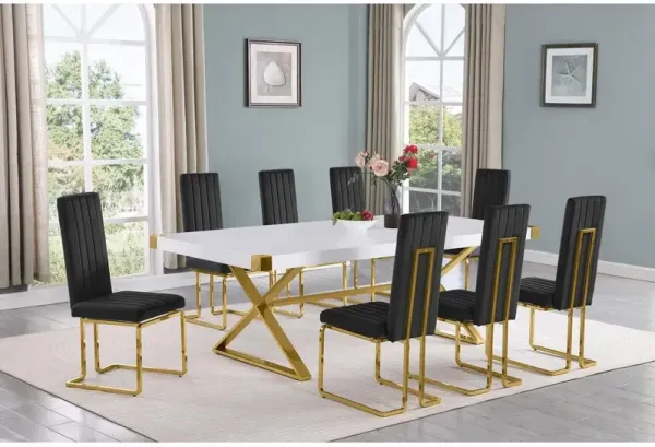 Best Quality Furniture 9pc Large(94) white wood top dining set with gold base and 8 Black side chairs