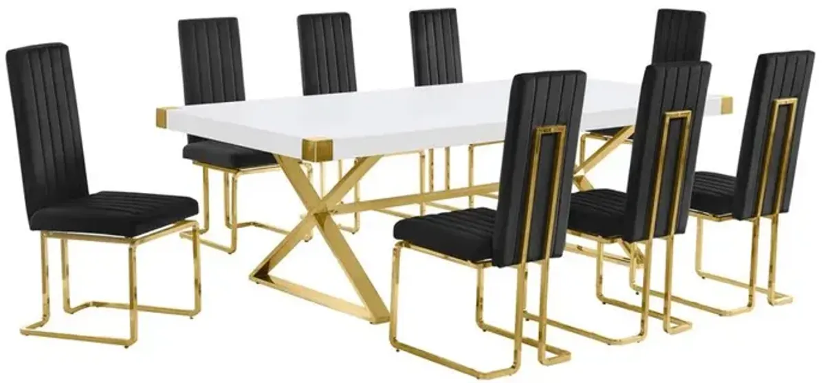 Best Quality Furniture 9pc Large(94) white wood top dining set with gold base and 8 Black side chairs