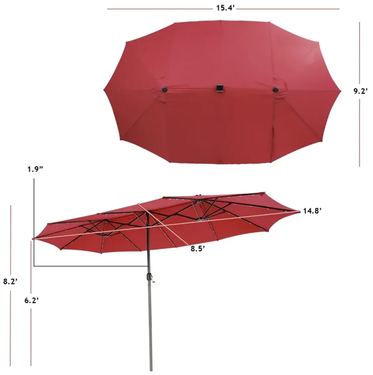 15-Foot Twin Patio Umbrella with 48 Solar LED Lights for Outdoor Lighting