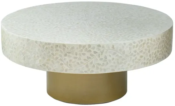 Piki 35 Inch Coffee Table, Mughal Capiz Inlaid Pattern, Cream, Gold  - Benzara