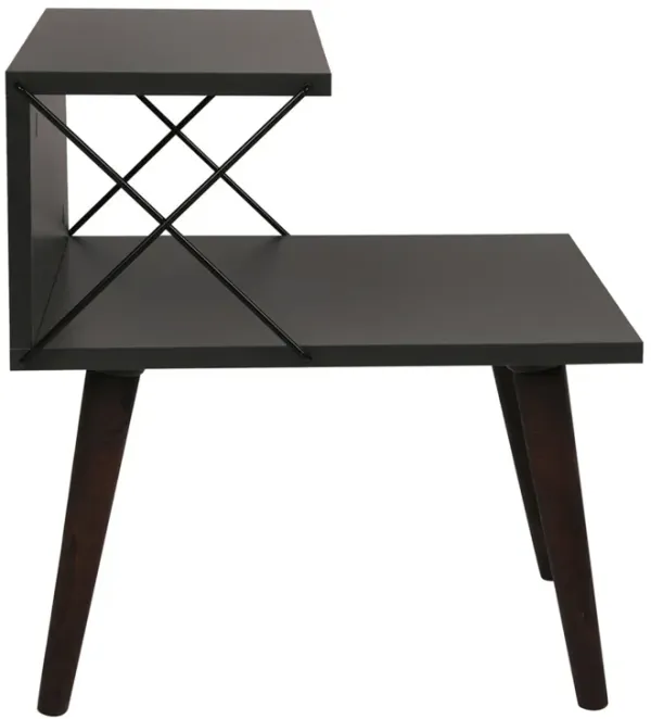 22 Inch Rectangular 2 Tier Wood  Nightstand Side Table, Crossed Metal Bar Frame, Angled Legs, Charcoal Gray, Brown-Benzara