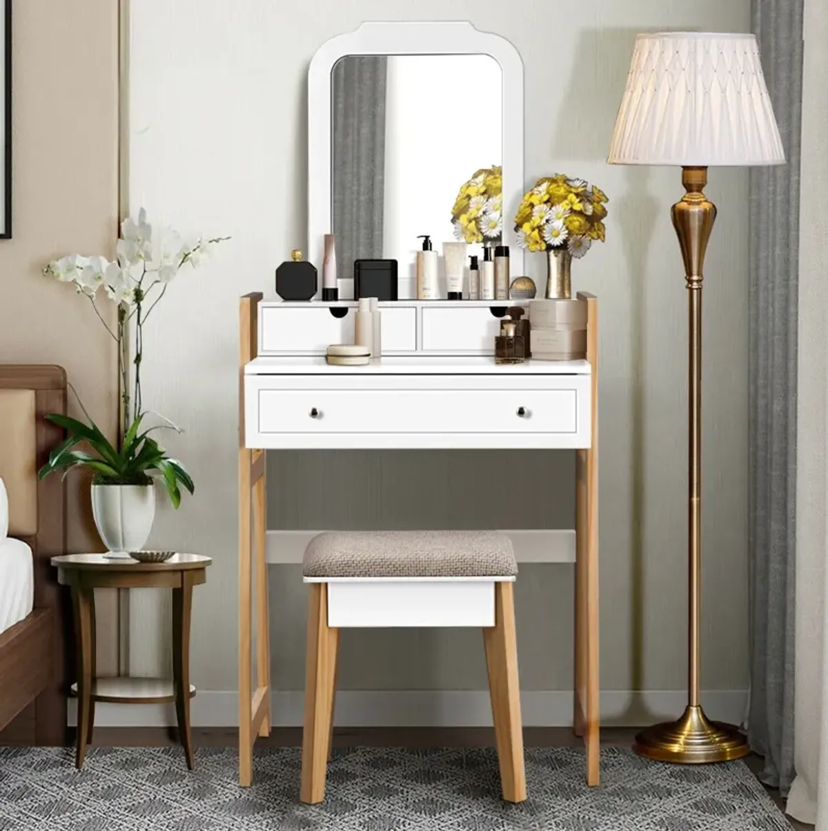 Vanity Table Set with Cushioned Stool and Large Mirror