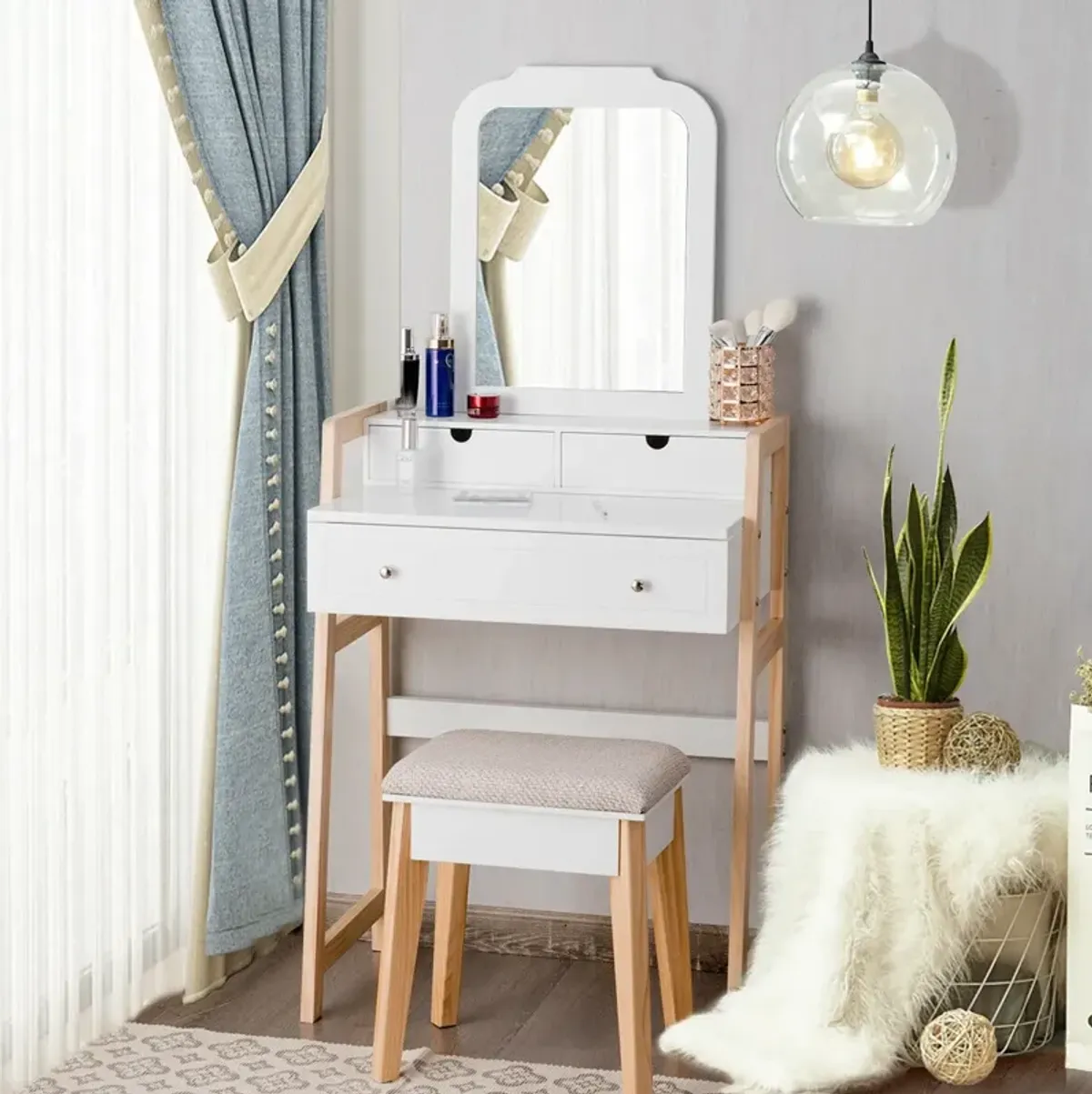 Vanity Table Set with Cushioned Stool and Large Mirror