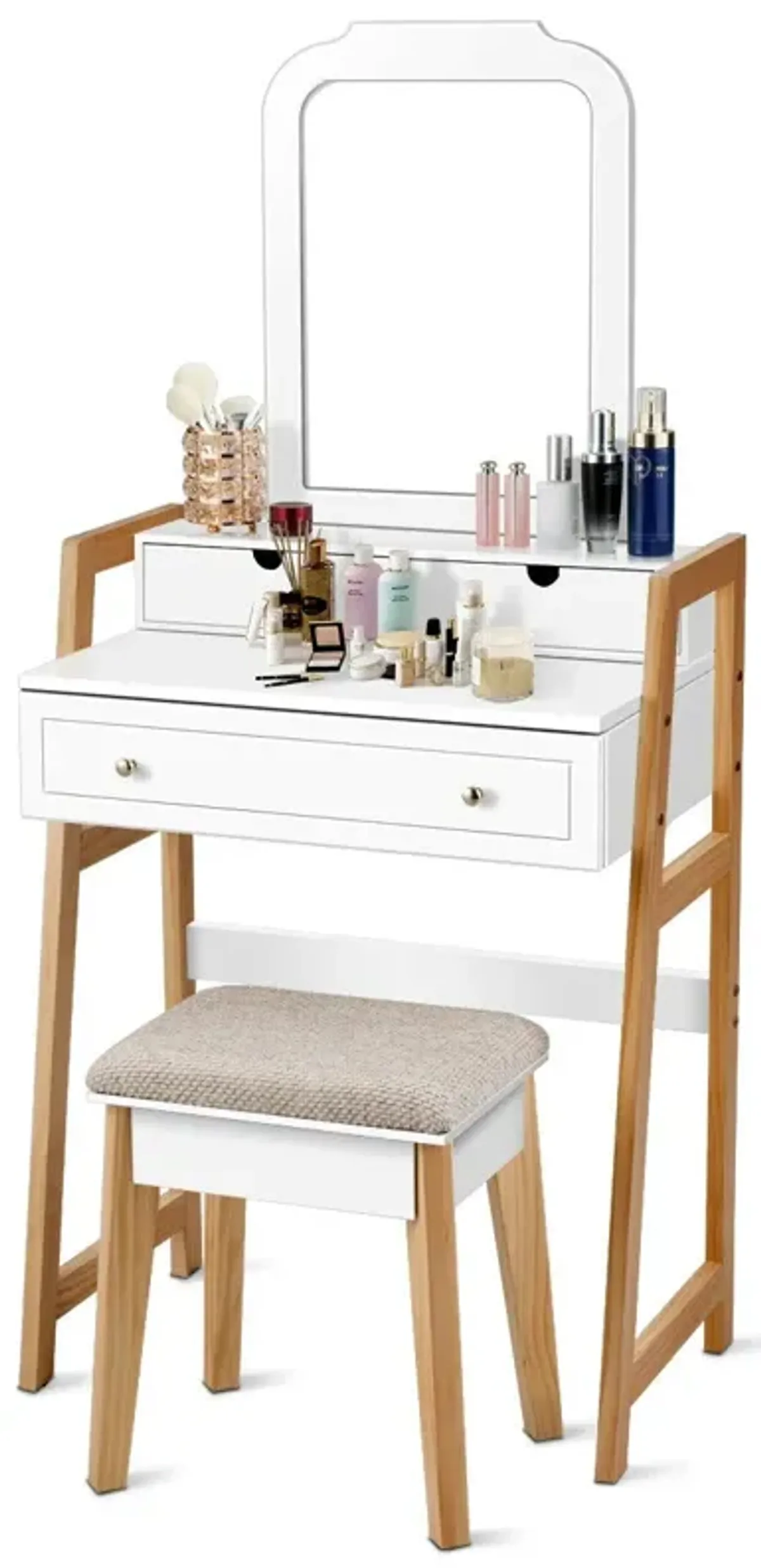 Vanity Table Set with Cushioned Stool and Large Mirror