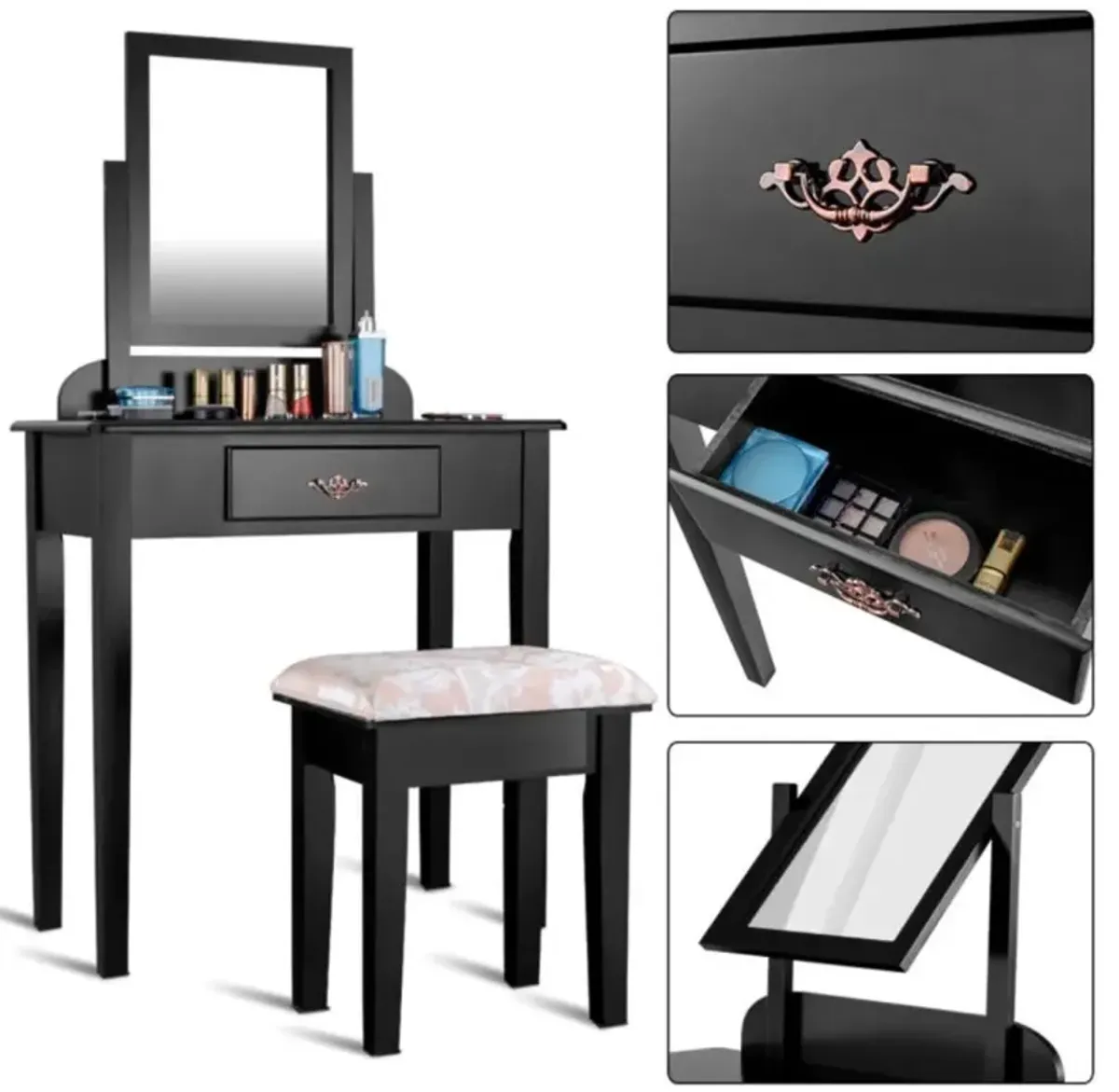 Hivvago Vanity Dressing Table Stool Set with Large Makeup Mirror