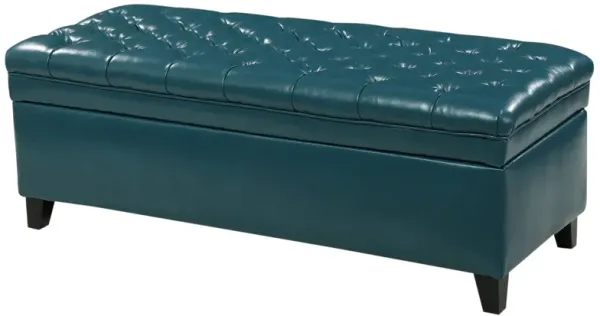 Rhya Storage Ottoman Bench, Teal Blue Faux Leather, Brown Wood 50 Inch - Benzara