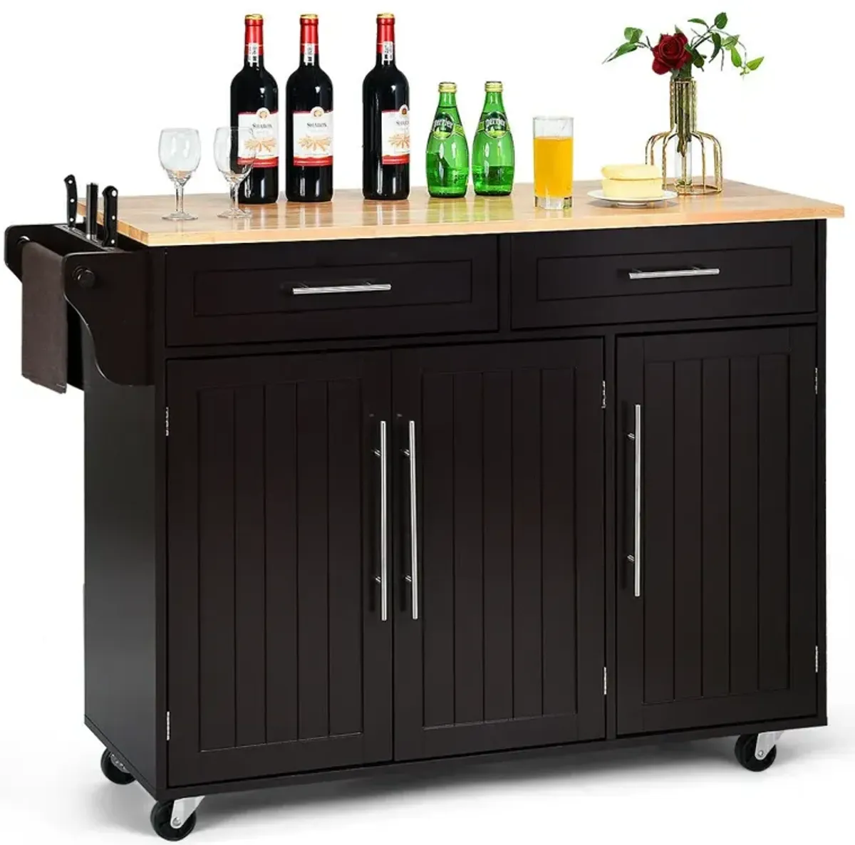 Kitchen Island Trolley Wood Top Rolling Storage Cabinet Cart with Knife Block