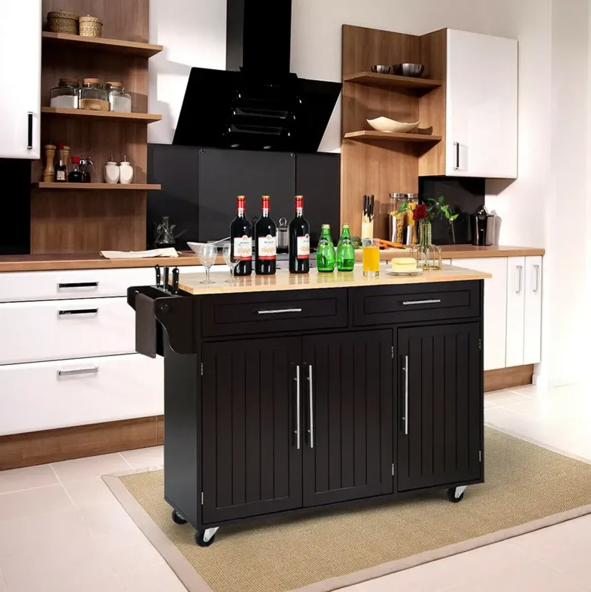 Kitchen Island Trolley Wood Top Rolling Storage Cabinet Cart with Knife Block