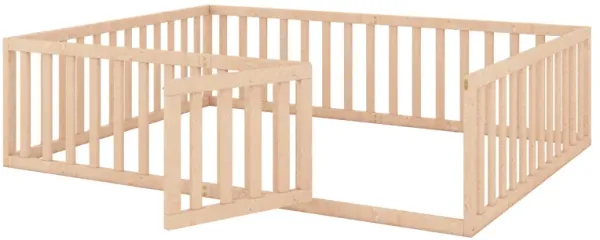 Whisen Fun Desig Queen Size Wood Floor Platform Bed Frame with Fence and Door