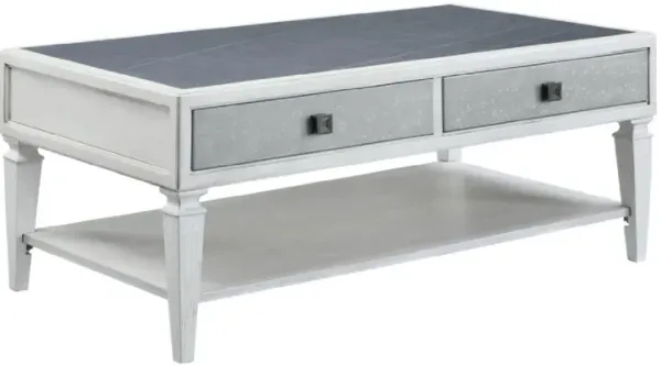 Luis 50 Inch Coffee Table, Sintered Stone Top, Tapered Legs, Antique White-Benzara