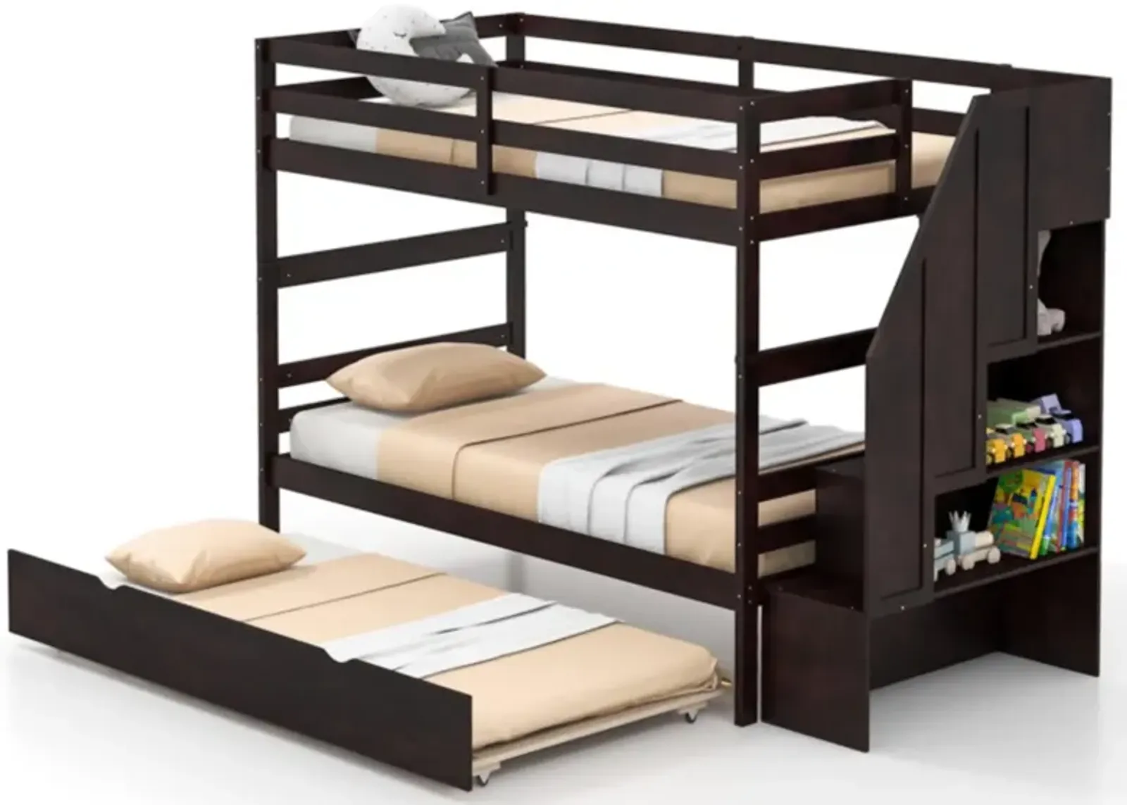 Hivvago Home Wood Bunk Bed with Guard Rail and 4-step Storage Stairs No Box Spring Needed