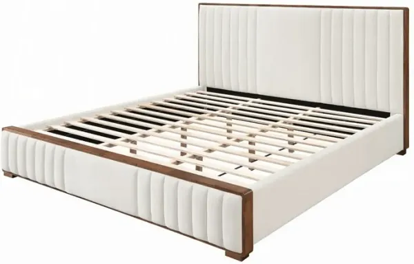 Lesa King Bed, Channel Tufted Beige Chenille Upholstery, Walnut Brown - Benzara