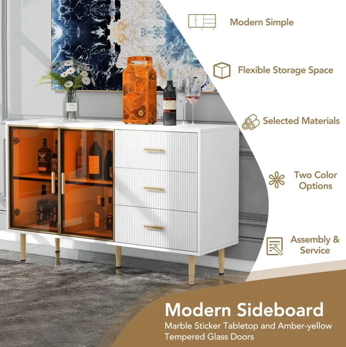 Modern Sideboard MDF Buffet Cabinet Marble Sticker Table Top And Amber- Tempered Glass