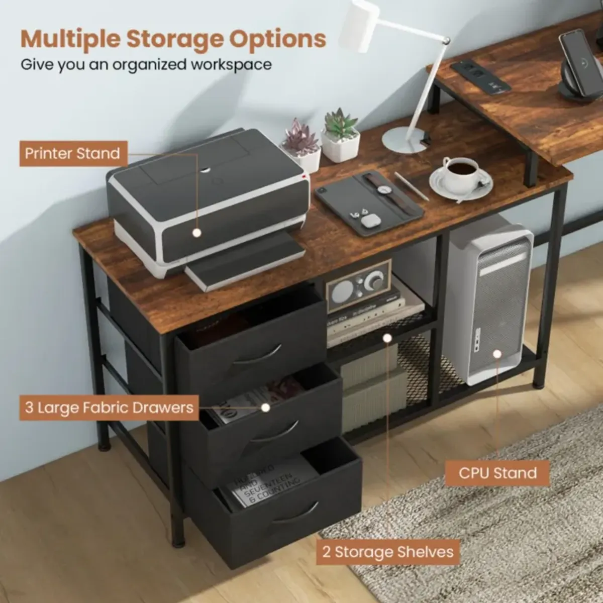 Hivvago L-shaped Computer Desk with Power Outlet for Working Studying Gaming